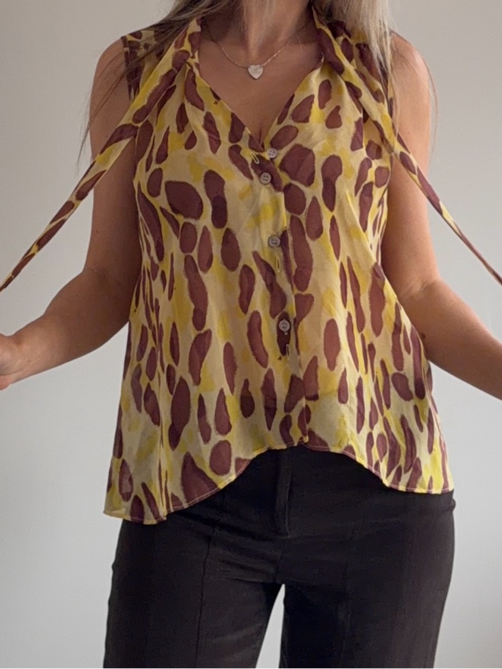 VTG 100% Silk Elizabeth and James Yellow and Brown Animal-Print Camisole Top